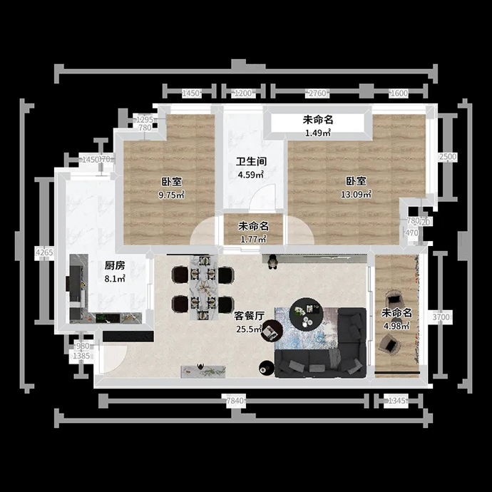 成都朗詩觀山樾D2戶型83㎡套二單衛裝修設計方案-平面戶型圖
